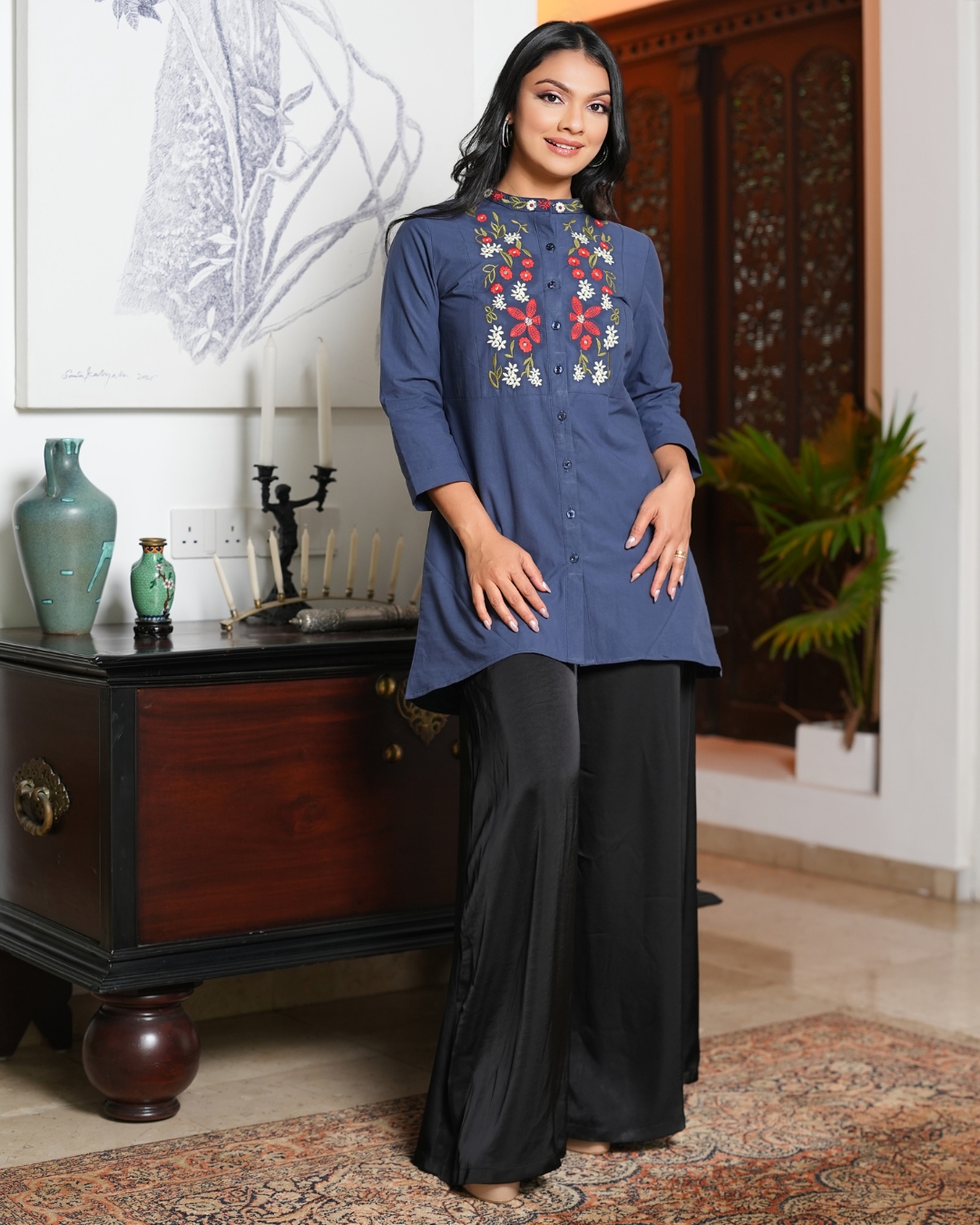 Floral Embroidery Button-Down Kurta Top - Image 2