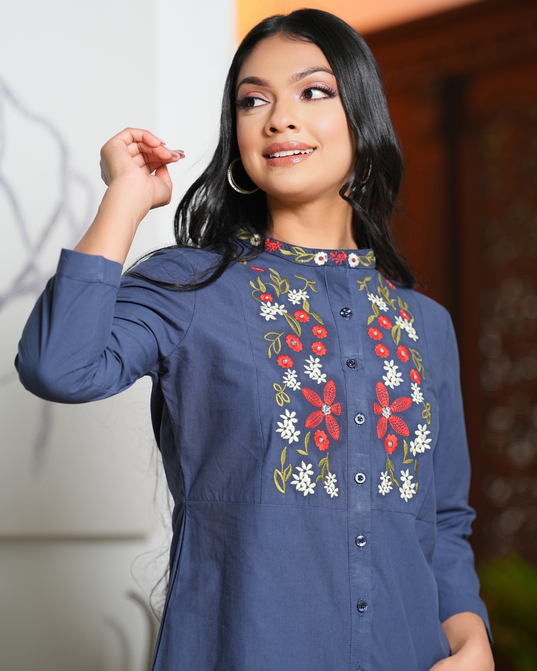 Floral Embroidery Button-Down Kurta Top - Image 5