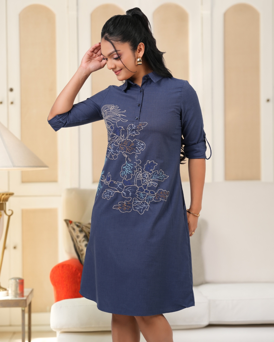 Botanical Embroidery Detail Short Shirt Dress - Image 2