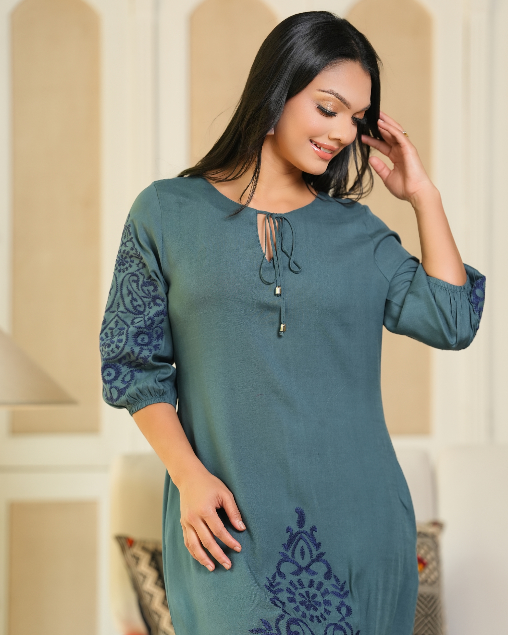 Tie-Up Detail Embroidered Puff Sleeve Maxi Dress - Image 2