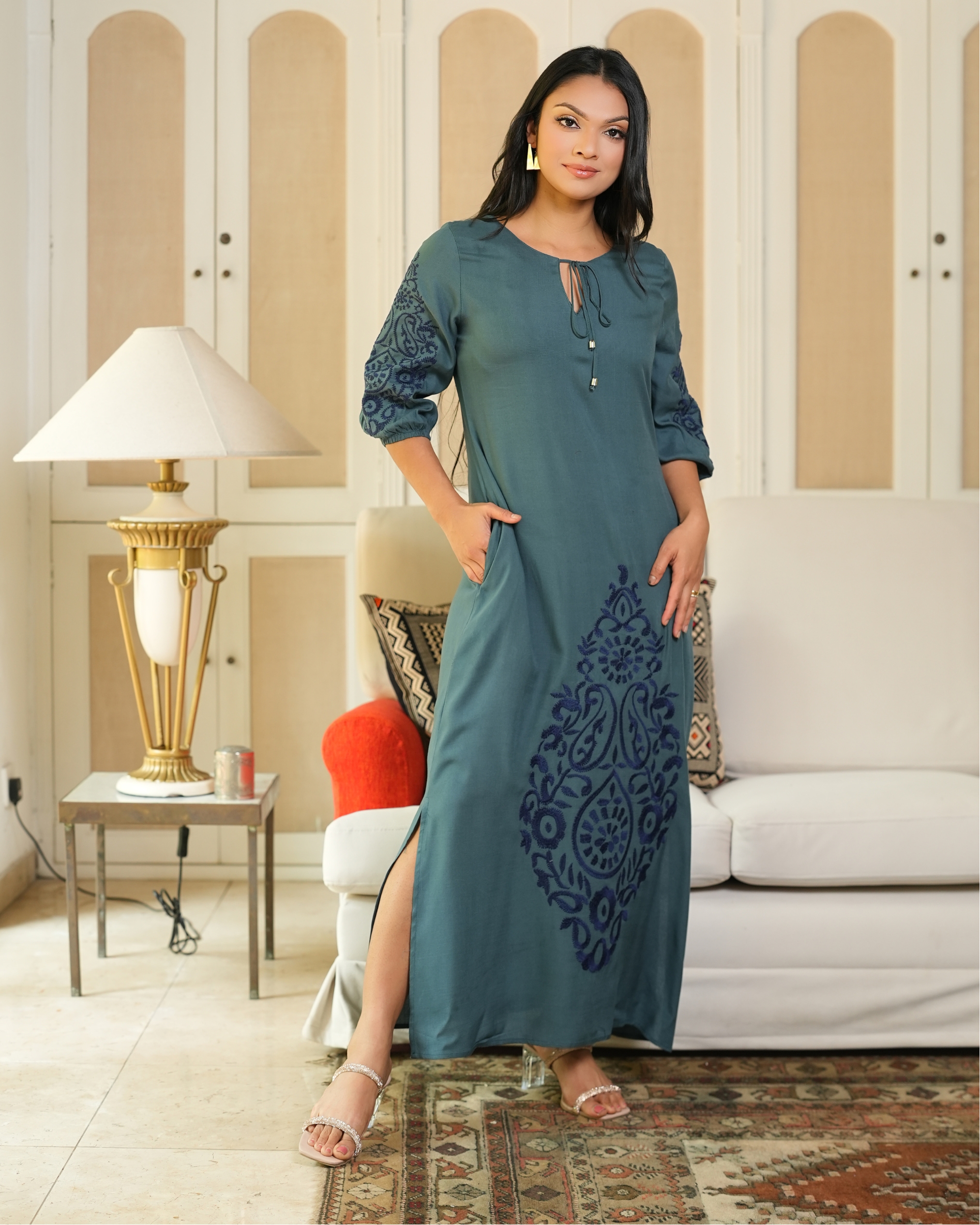 Tie-Up Detail Embroidered Puff Sleeve Maxi Dress - Image 3