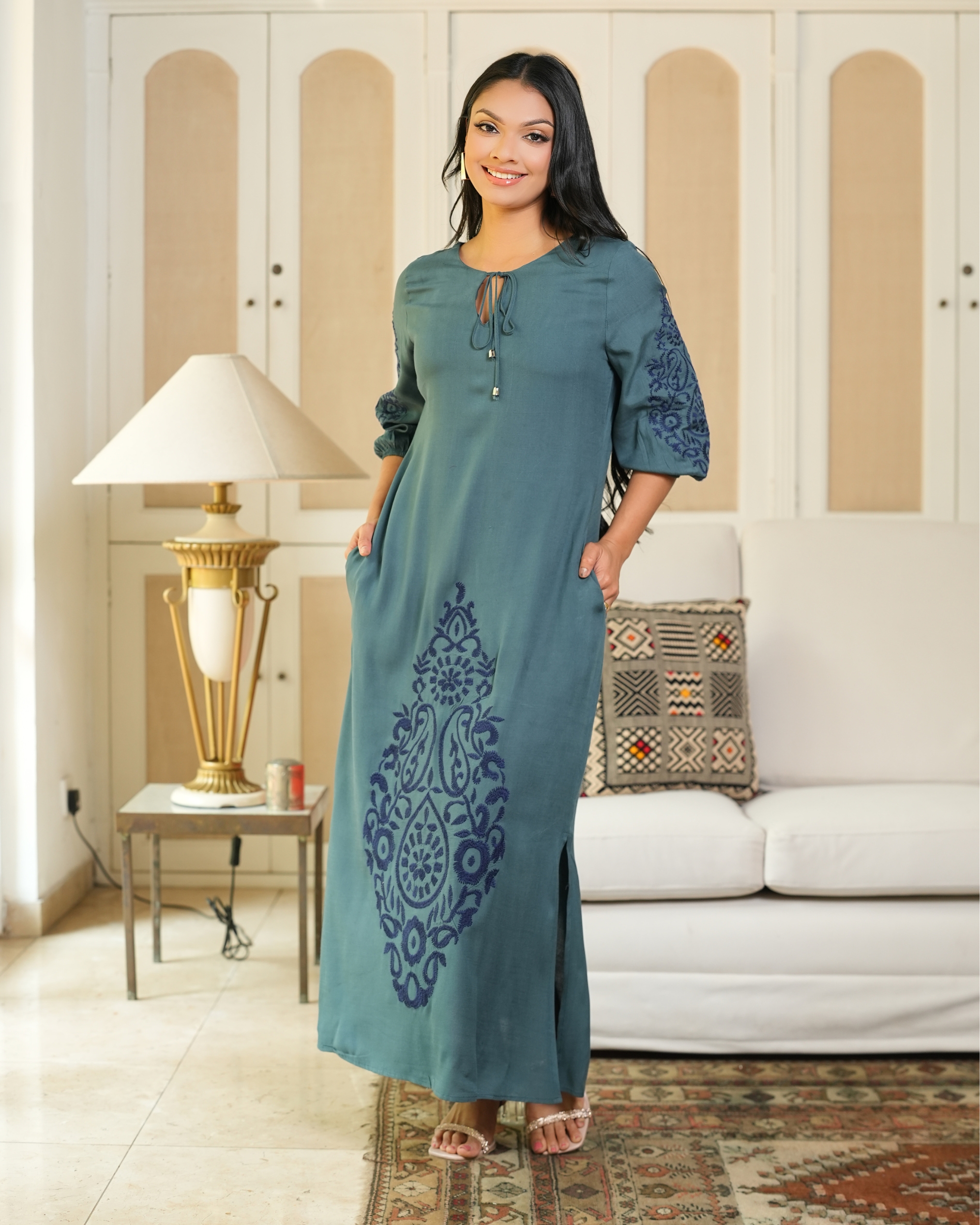 Tie-Up Detail Embroidered Puff Sleeve Maxi Dress - Image 4