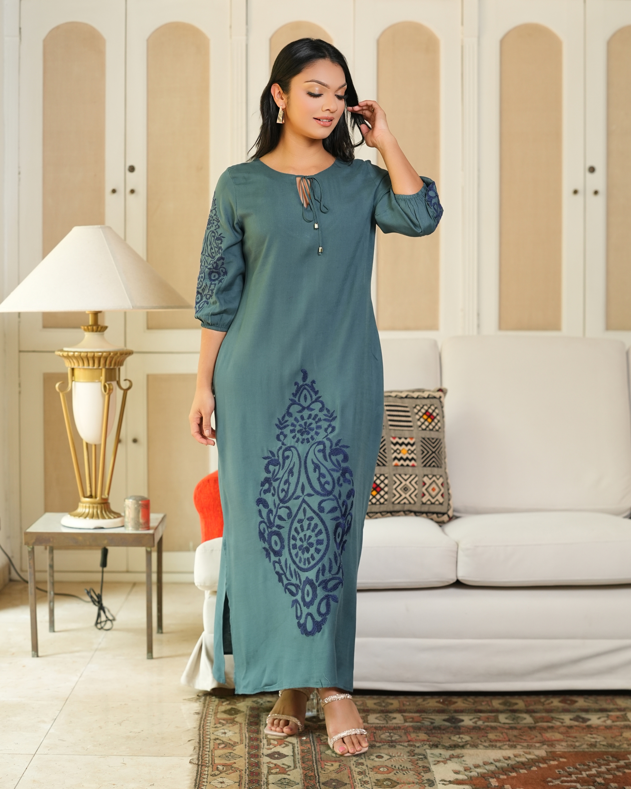Tie-Up Detail Embroidered Puff Sleeve Maxi Dress - Image 5
