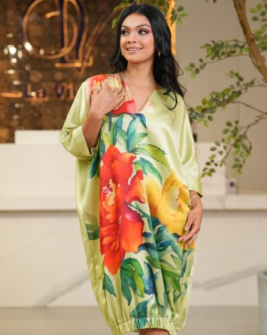 Floral Printed V-Neck Short Balloon Dress