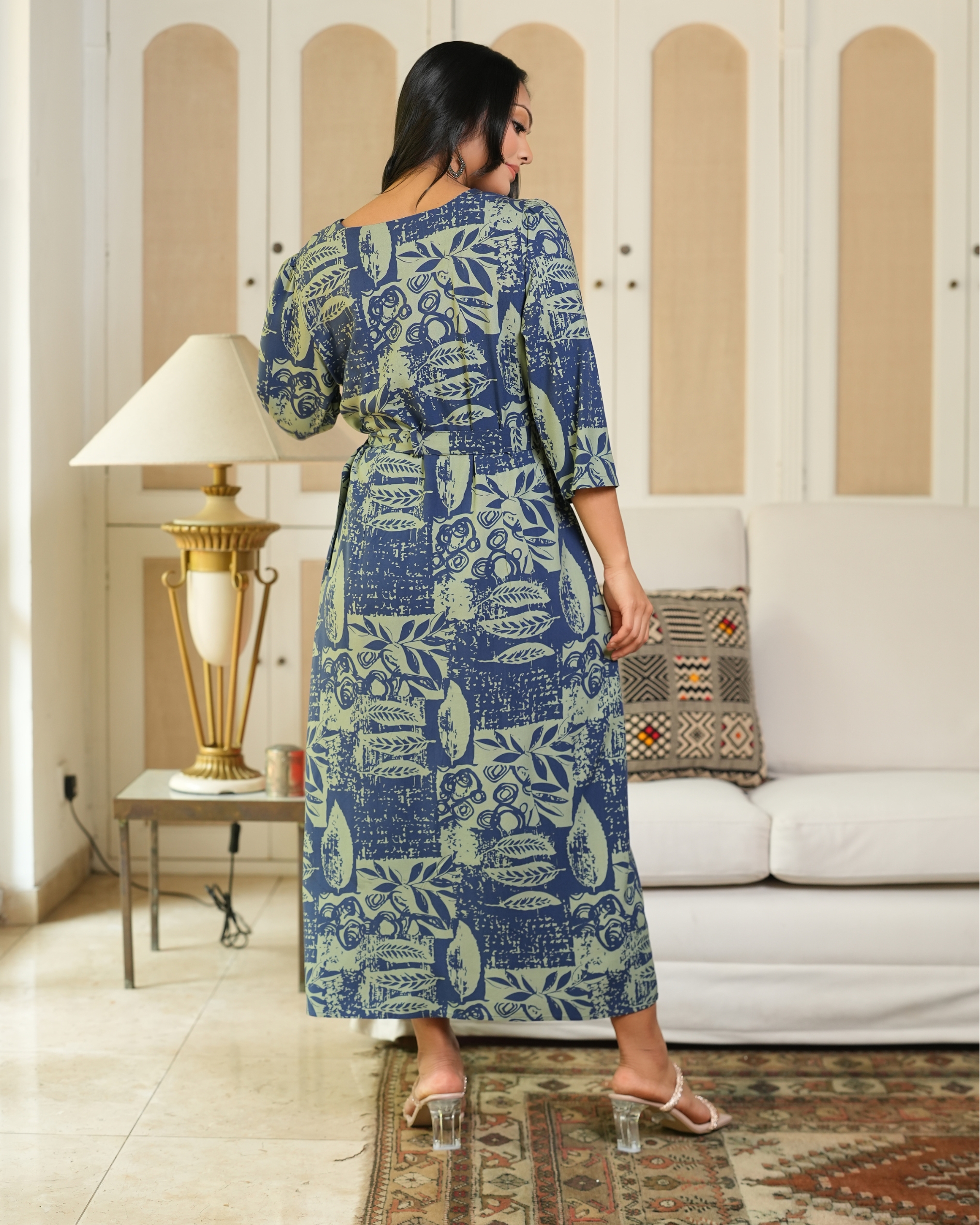 Botanical Patterned Belt Detail Midi Dress - Image 5