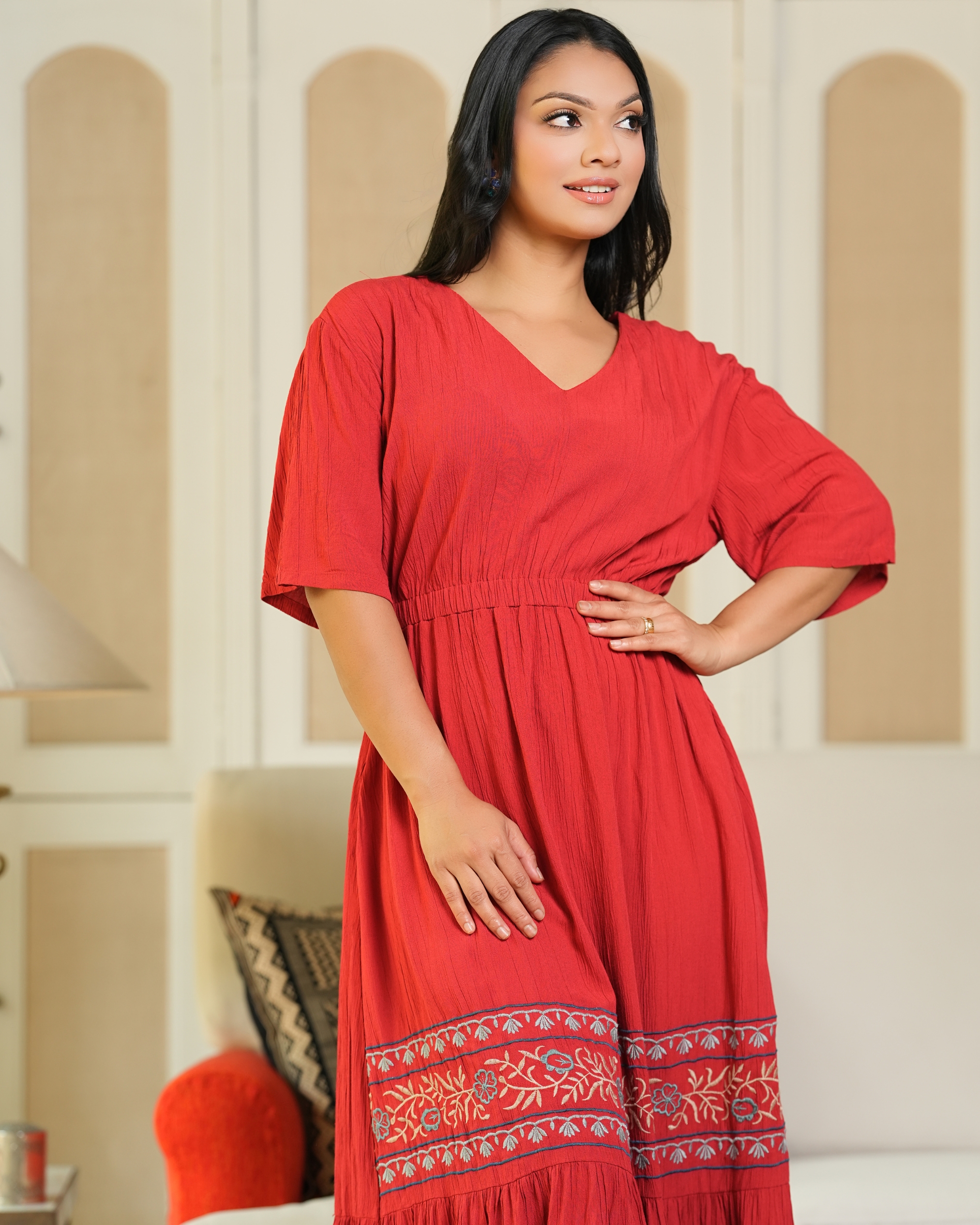 Embroidery Detail Tiered Drop Shoulder Maxi Dress - Image 4