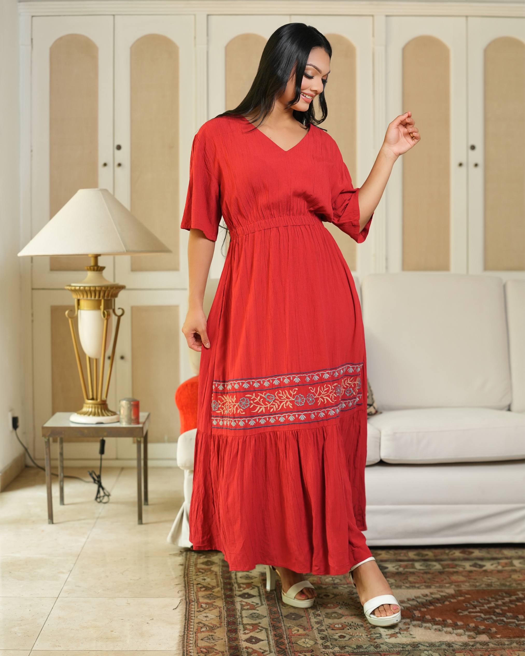 Embroidery Detail Tiered Drop Shoulder Maxi Dress